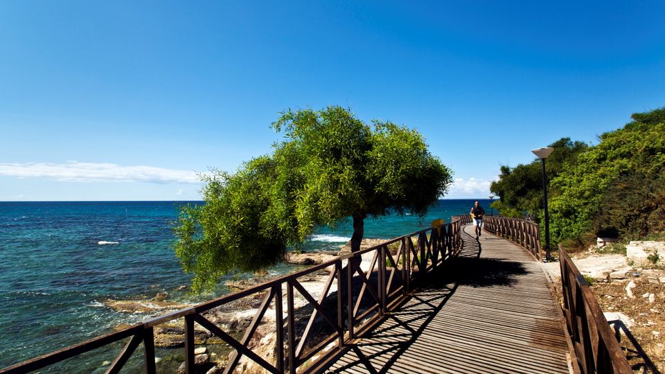 Holzbrücke mit toller Aussicht auf das Meer in Zypern