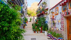 Alicante, bunte und mit Blumen geschmückte Gasse
